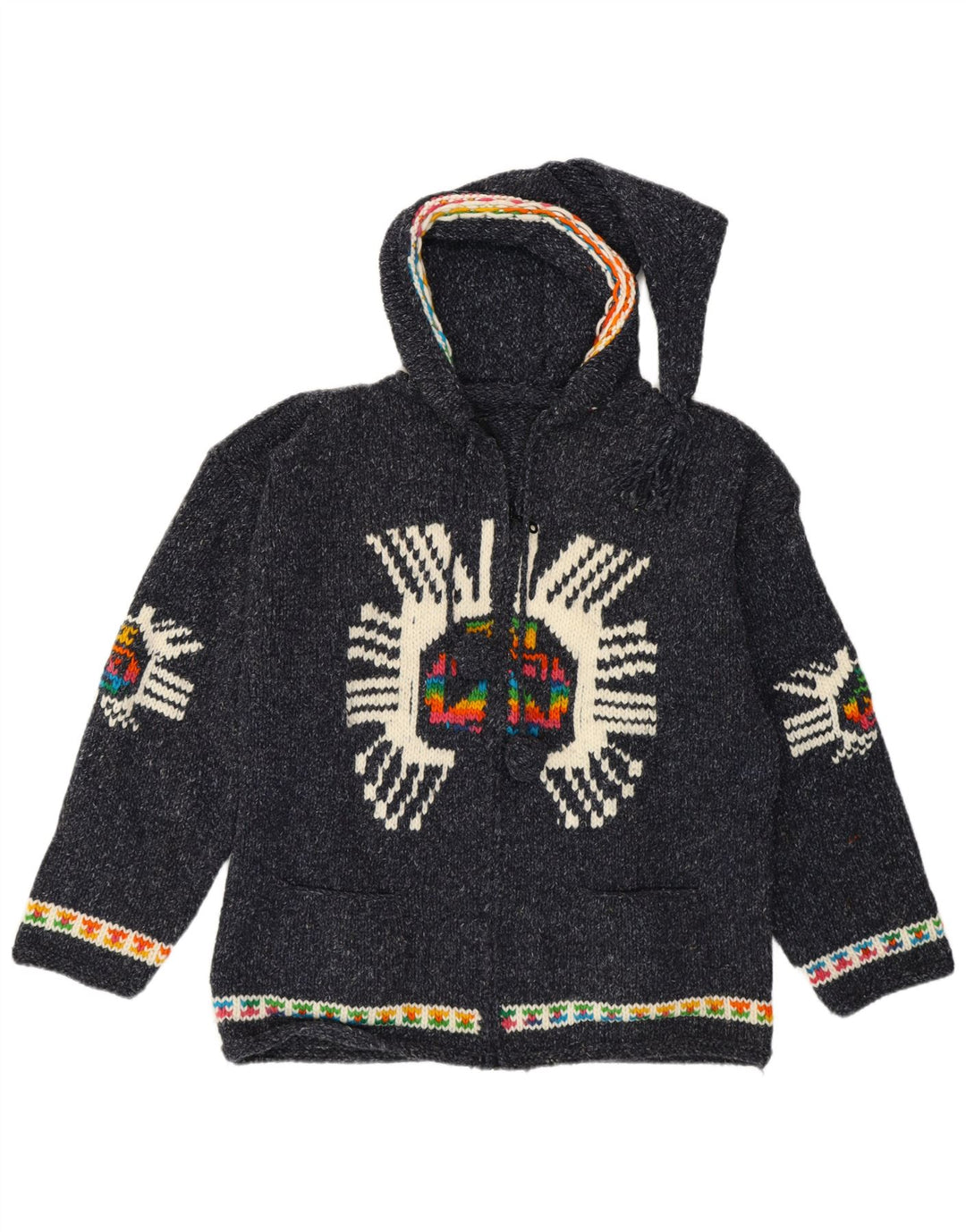 Maglione cardigan grafico da donna vintage UK 14 medio blu navy etnico