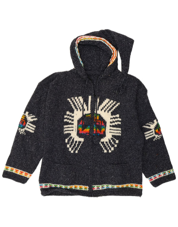 Maglione cardigan grafico da donna vintage UK 14 medio blu navy etnico