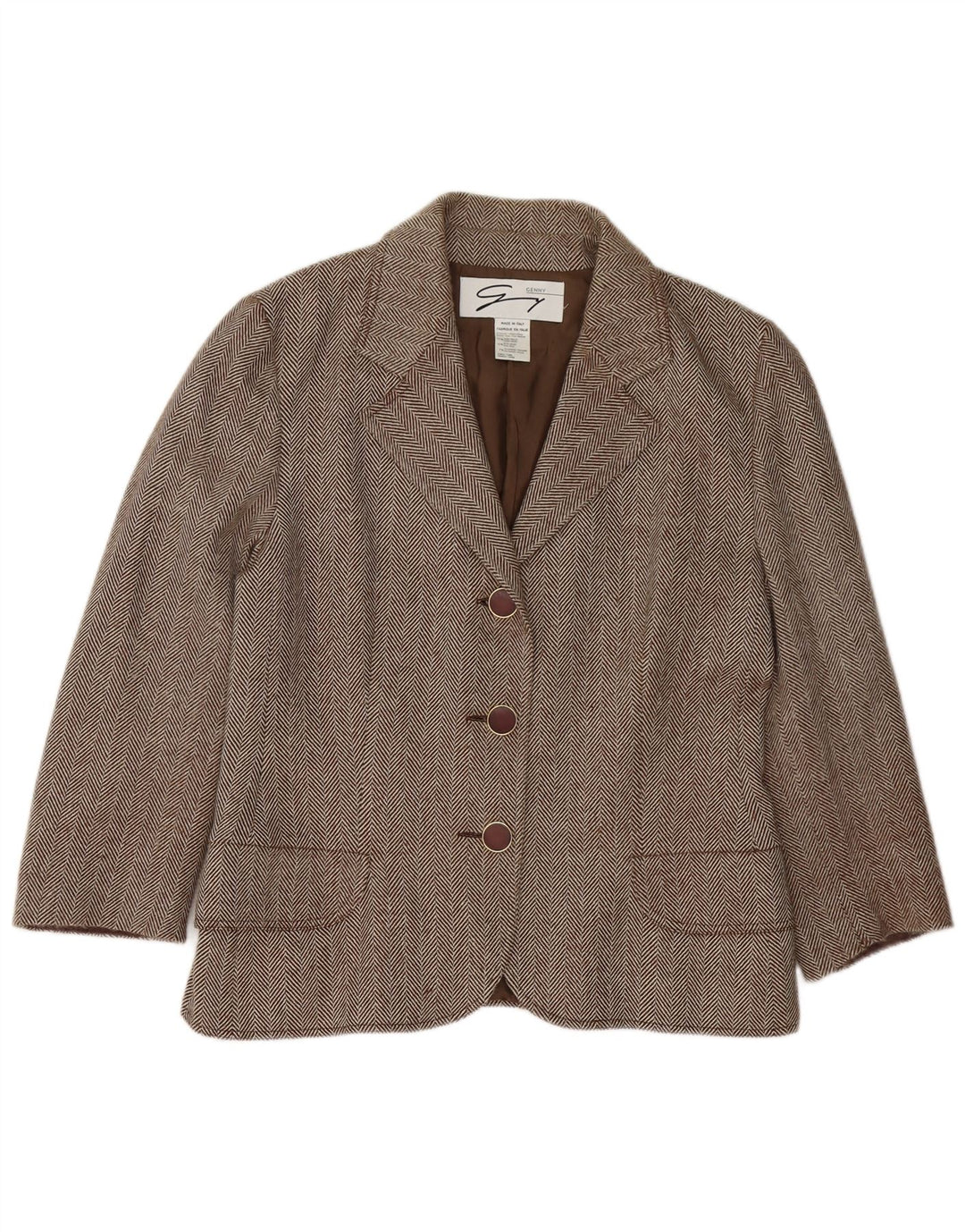 Giacca blazer da donna a 3 bottoni Genny UK 16 grande lana a spina di pesce marrone