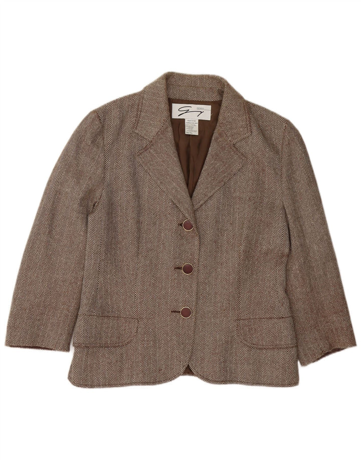 Giacca blazer da donna a 3 bottoni Genny UK 16 grande lana a spina di pesce marrone
