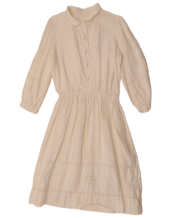 Abito vintage da donna con maniche a 3/4 a linea A, UK 12, medio, bianco sporco, floreale