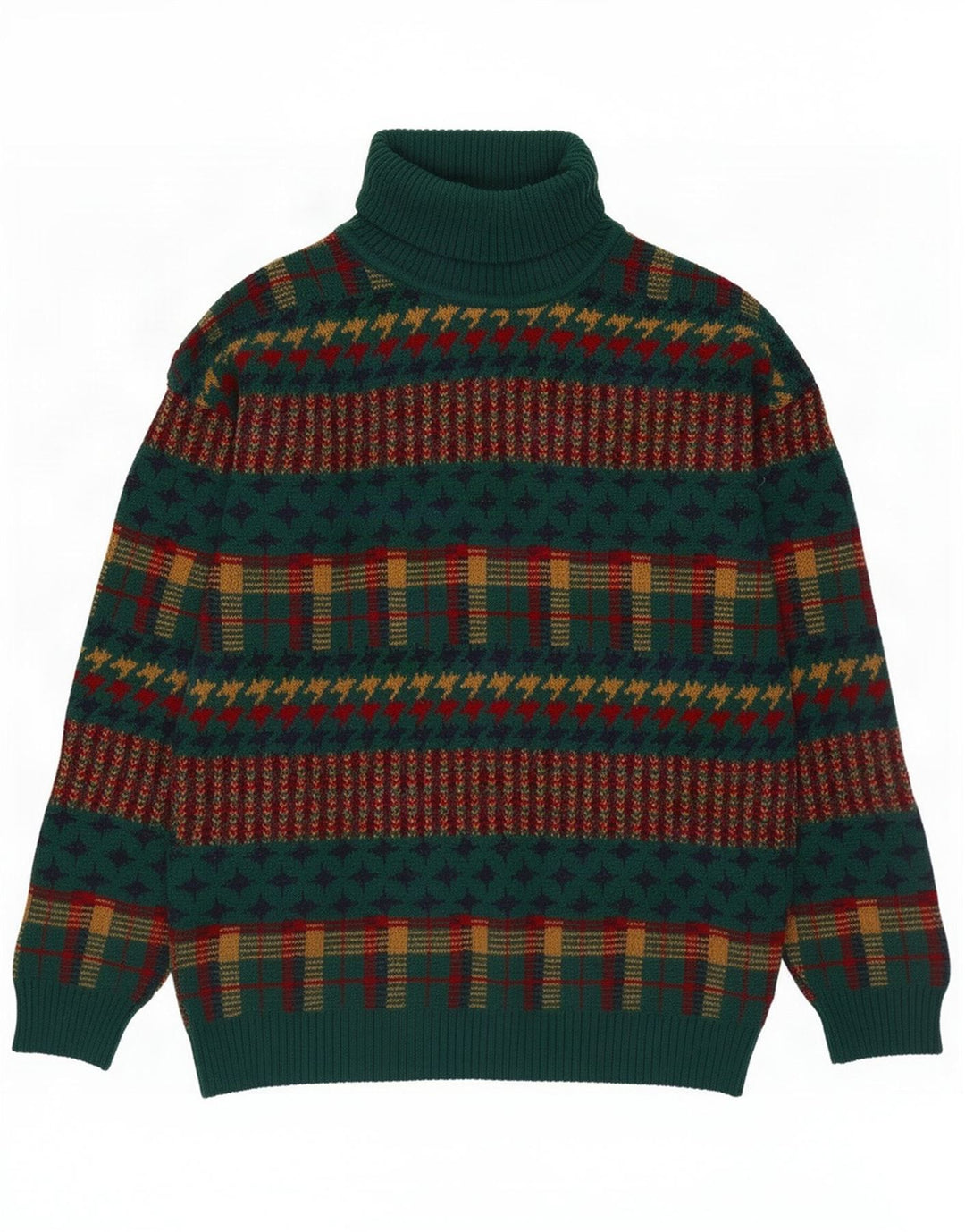 Maglione maglione vintage da uomo con collo alto a righe verde medio