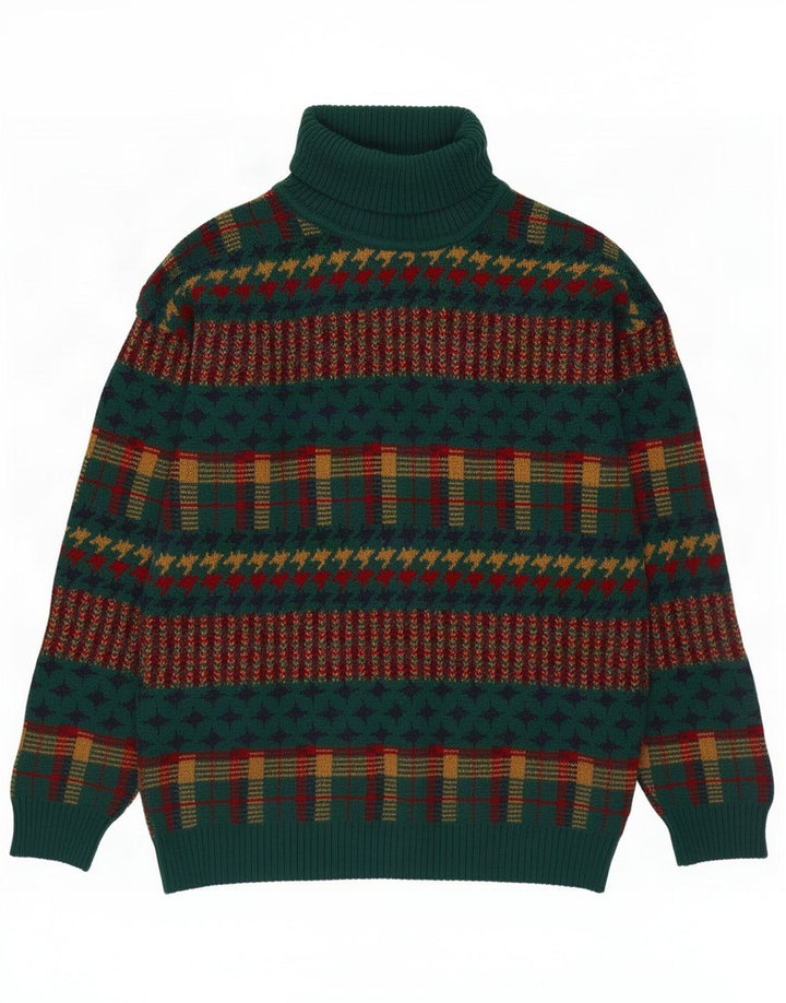 Maglione maglione vintage da uomo con collo alto a righe verde medio