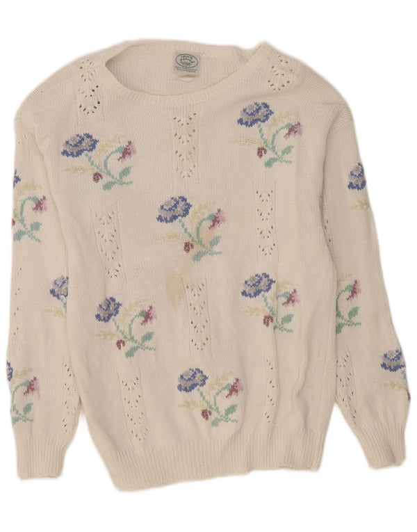 Laura Ashley maglione da donna con scollo a barchetta UK 16 grande motivo floreale bianco