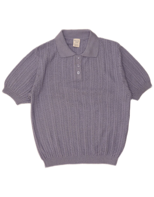 Maglione vintage da donna a maniche corte con collo a polo UK 14 grande viola