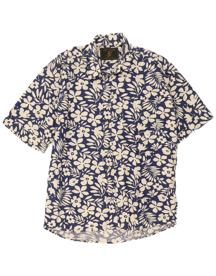 Camicia vintage da uomo a maniche corte blu navy medio floreale