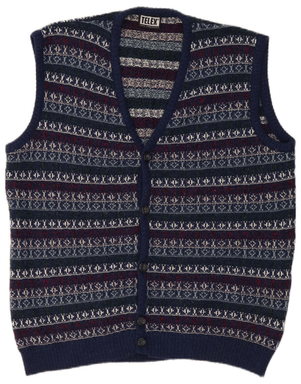 Maglione cardigan senza maniche vintage da uomo grande cotone Fair Isle blu navy