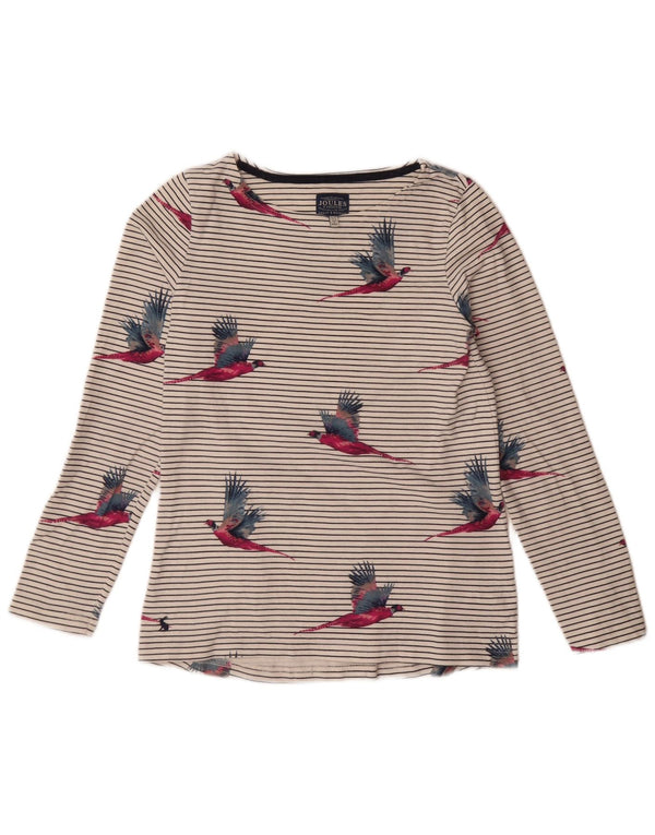 Joules Top grafico da donna a maniche lunghe UK 10 Piccolo cotone gessato bianco