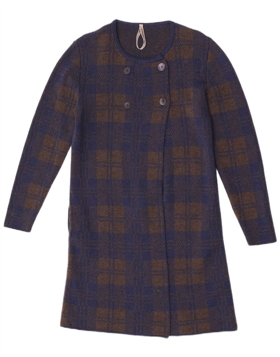 Maglione cardigan lungo da donna vintage UK 14 medio blu navy a quadri