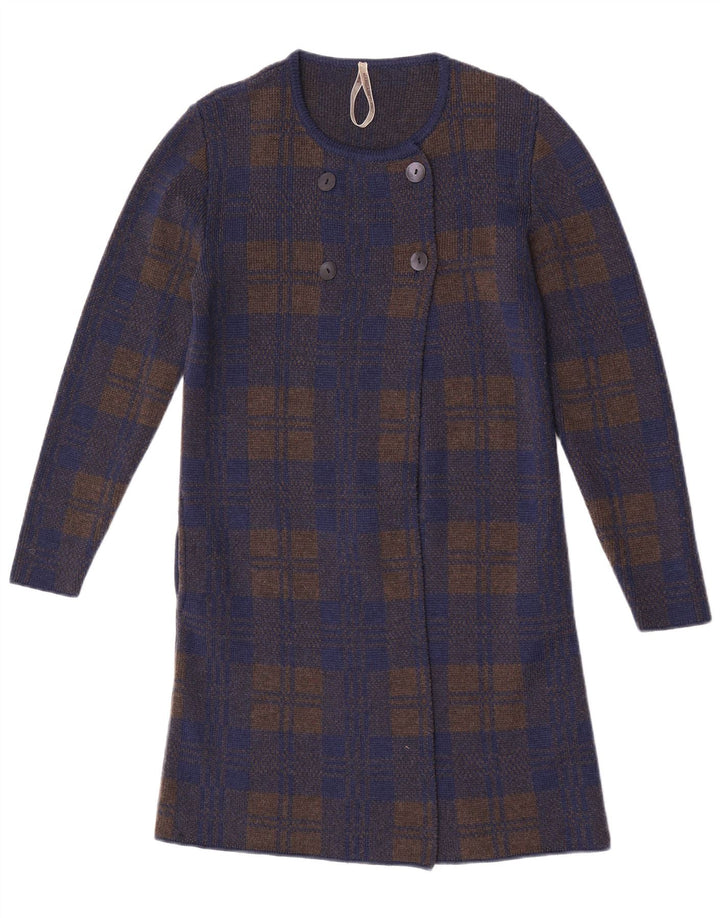Maglione cardigan lungo da donna vintage UK 14 medio blu navy a quadri