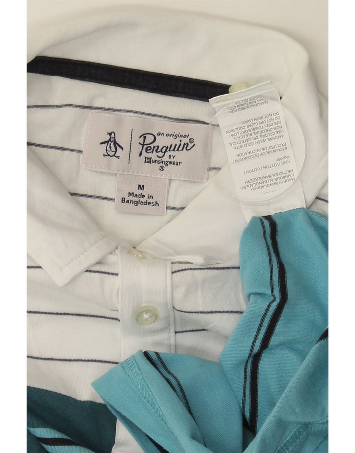 PENGUIN Mens Polo Shirt Medium Blue Striped Cotton
