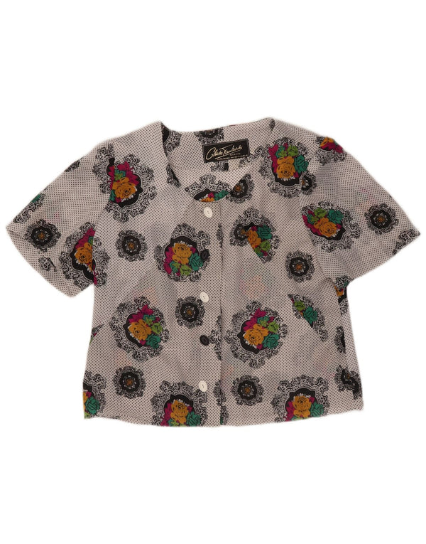 Camicetta vintage da donna a maniche corte corta UK 14 grigio medio floreale