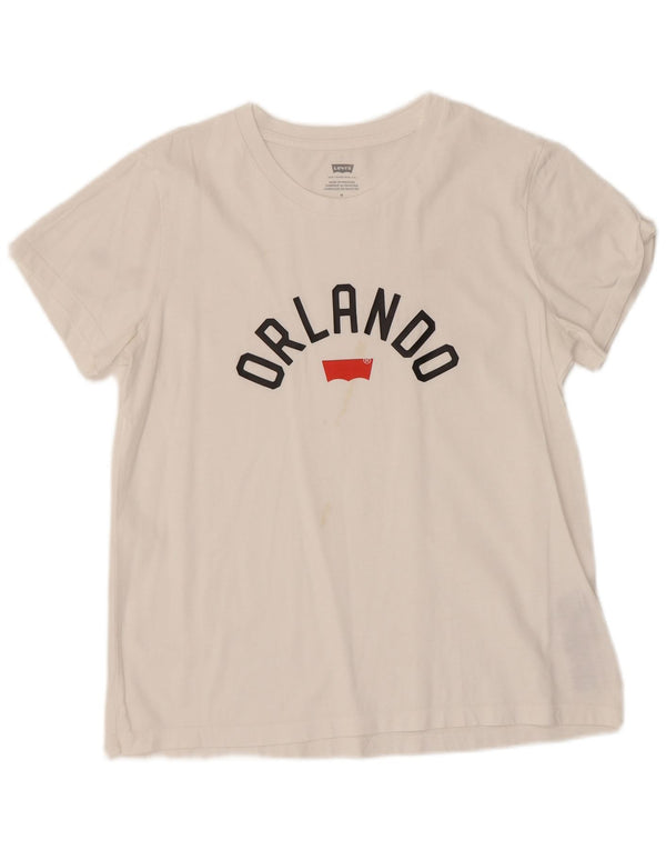 LEVI'S Maglietta grafica da donna Orlando Top UK 14 Cotone bianco medio