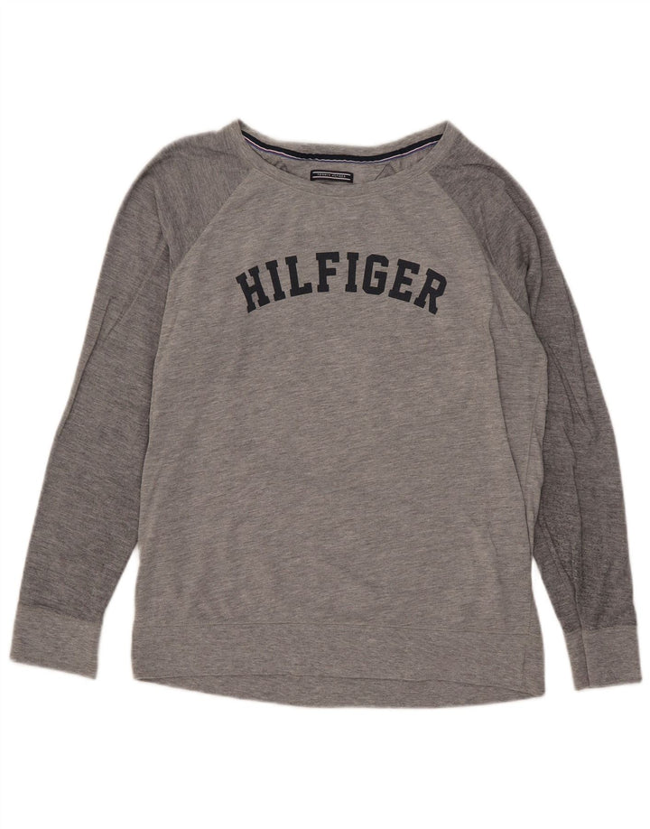 Tommy Hilfiger Donna Graphic Top Manica Lunga UK 14 Cotone Grigio Medio
