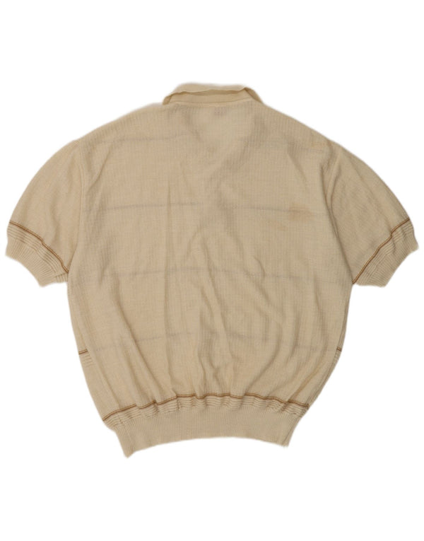 Vintage Mens Polo Shirt Medium Beige Striped Polyacrylic