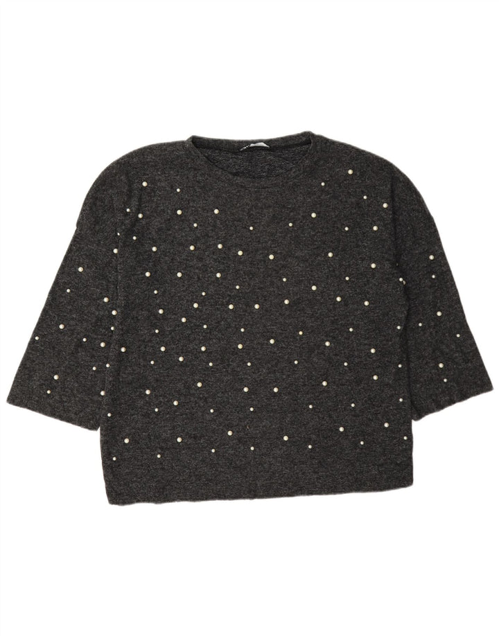 Top Zara da donna oversize manica 3/4 UK 10 piccolo grigio maculato