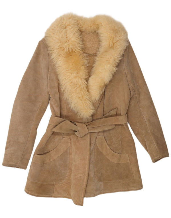 Cappotto in shearling vintage da donna UK 10 piccolo beige