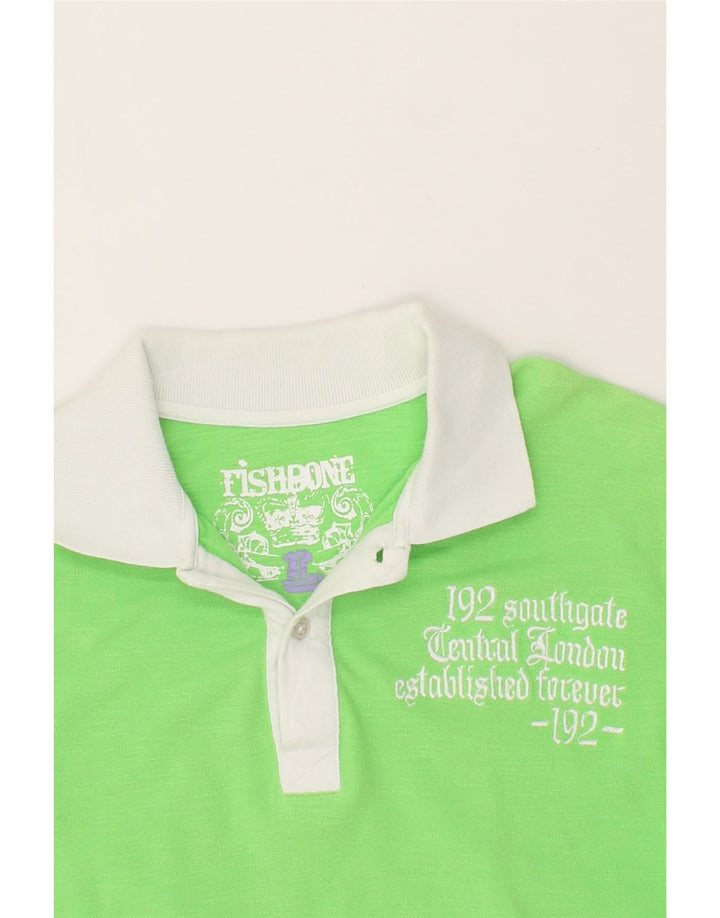 FISHBONE Mens Graphic Polo Shirt Large Green Cotton Vintage Fishbone and Second-Hand Fishbone from Messina Hembry 