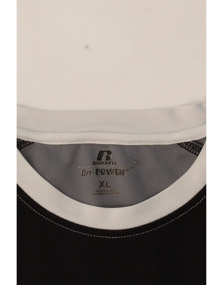 RUSSELL ATHLETIC Mens Dri-Power T-Shirt Top XL Black Colourblock Polyester Vintage Russell Athletic and Second-Hand Russell Athletic from Messina Hembry 