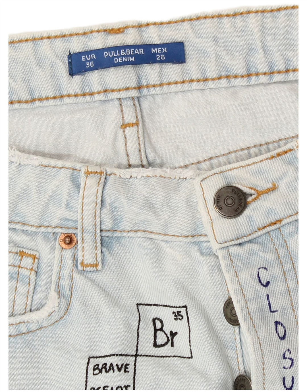 Pantaloncini in denim invecchiato con grafica da donna Pull & Bear EU 36 XS W26 Blu