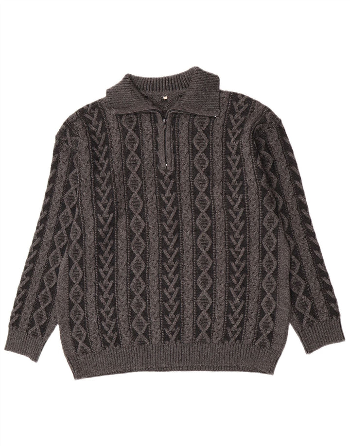 Maglione vintage da uomo con zip e collo IT 52 Lana geometrica grigia grande