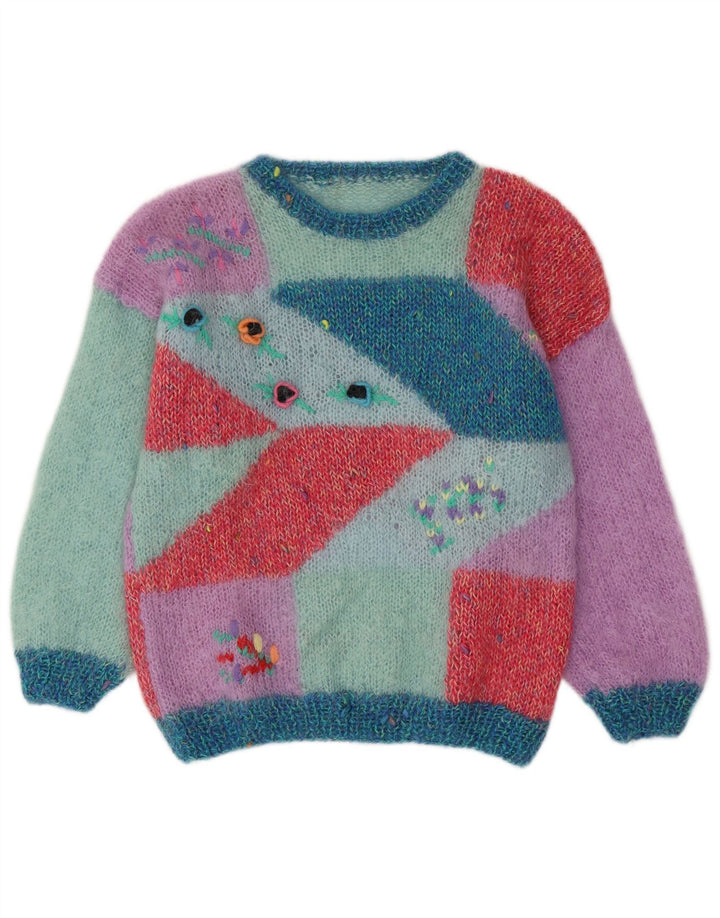 Maglione maglione girocollo da donna vintage UK 16 grande multicolore