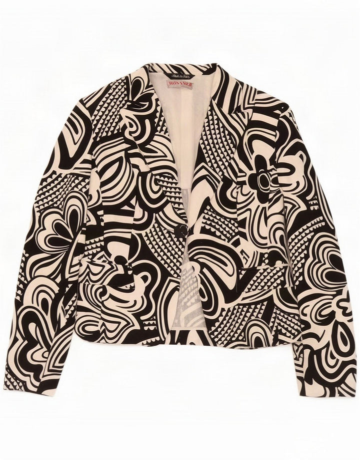 Giacca blazer vintage da donna a 1 bottone IT 46 grande cotone floreale nero