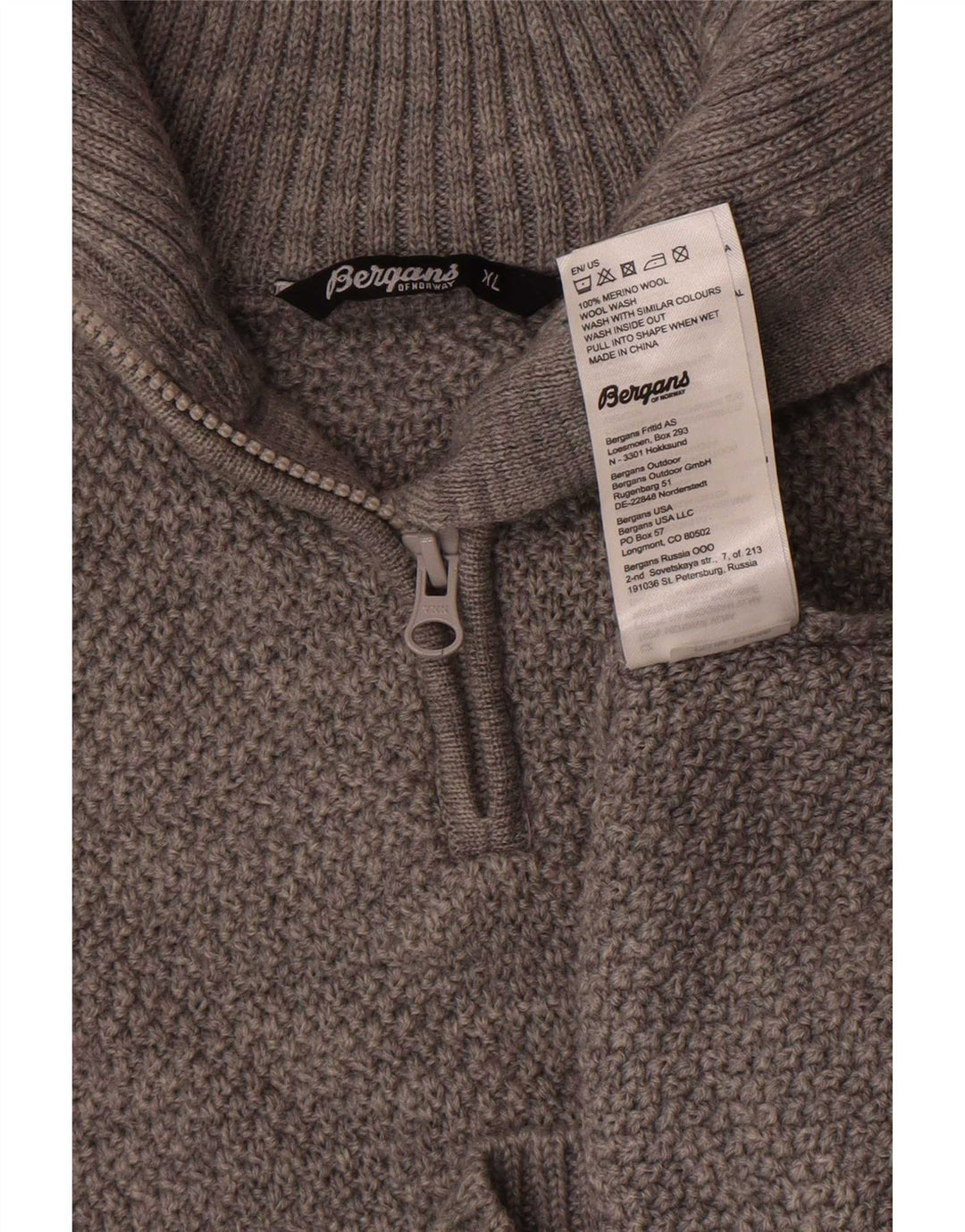Maglione da uomo Bergans con zip e collo XL in lana merino grigia