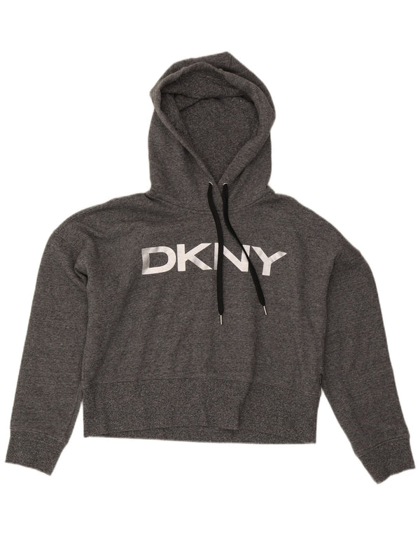 DKNY Womens Oversized Crop Graphic Hoodie Jumper UK 10 Small Grey Flecked