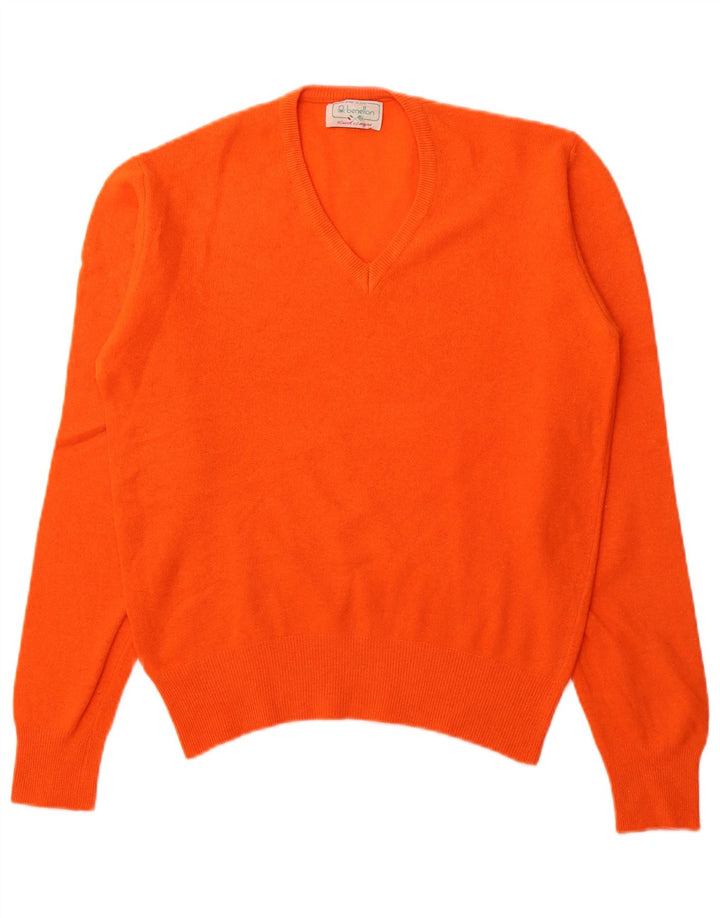 BENETTON Womens V-Neck Jumper Sweater IT 52 2XL Orange Wool
