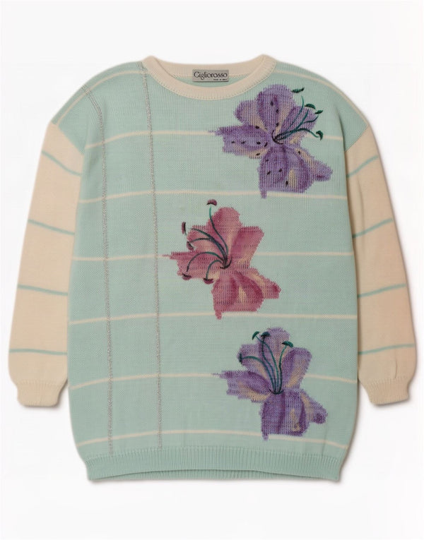 Maglione maglione vintage da donna con scollo a barca UK 16 Grande poliacrilico floreale blu