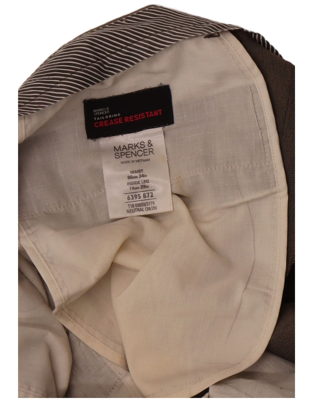 Pantaloni da abito dritti da uomo Marks & Spencer W34 L29 Marrone a spina di pesce