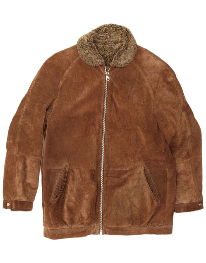 Giubbotto vintage in shearling scamosciato da uomo UK 38 in pelle marrone medio