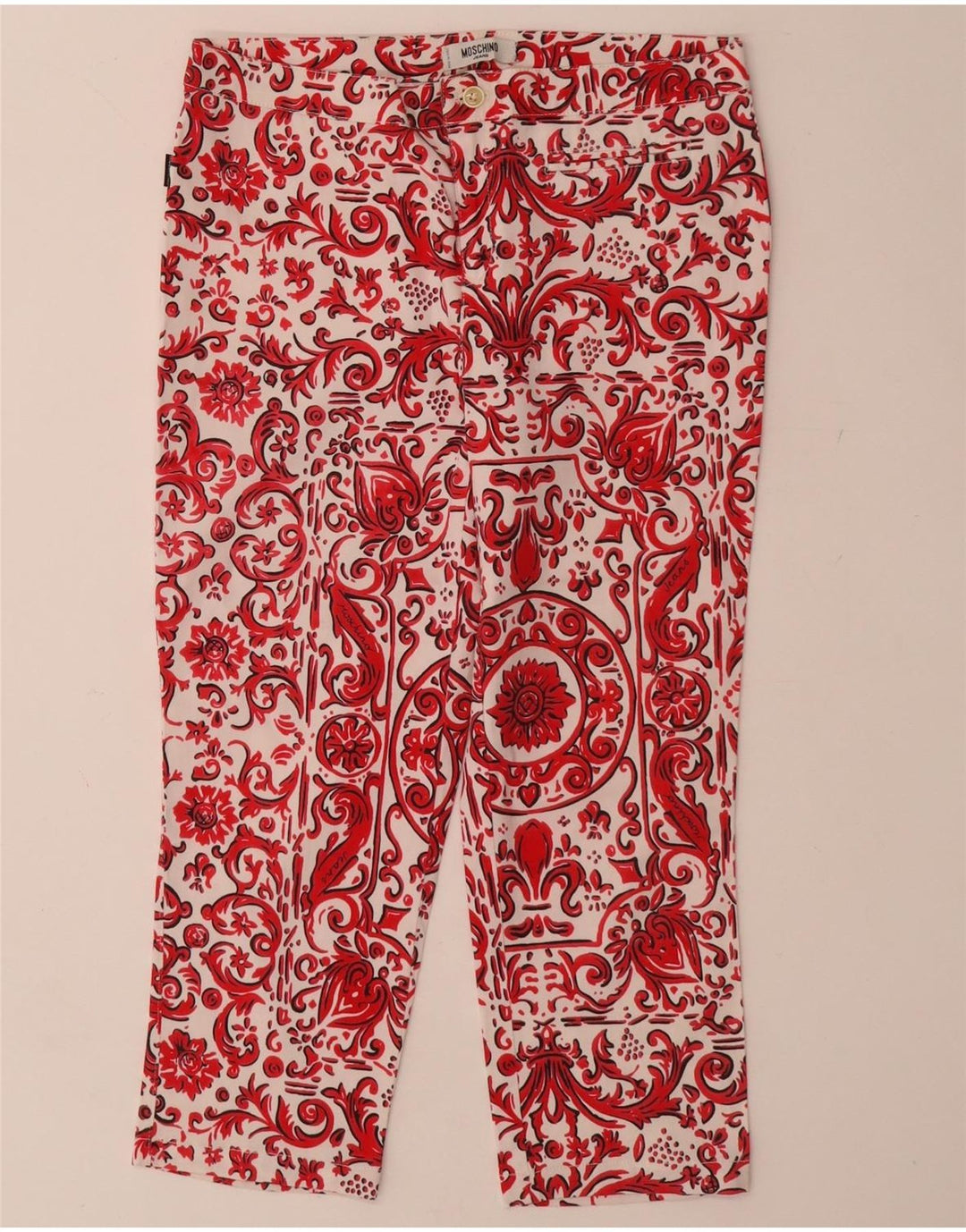 Pantaloni Capri dritti da donna MOSCHINO UK 12 Medium W28 L21 Rosso Paisley