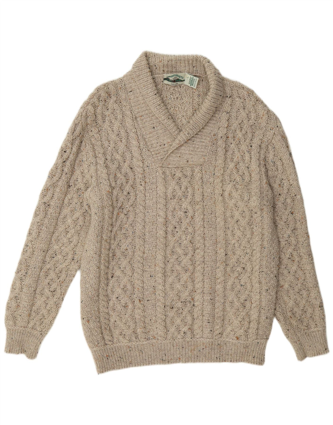 Aran Crafts Maglione da uomo con collo a scialle, grande lana screziata beige
