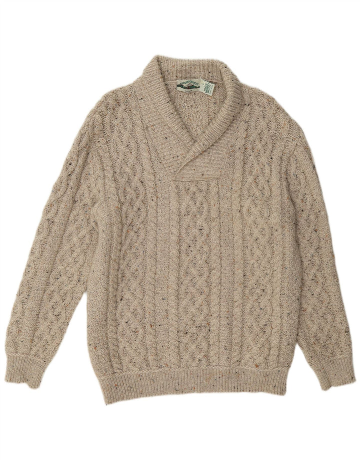 Aran Crafts Maglione da uomo con collo a scialle, grande lana screziata beige