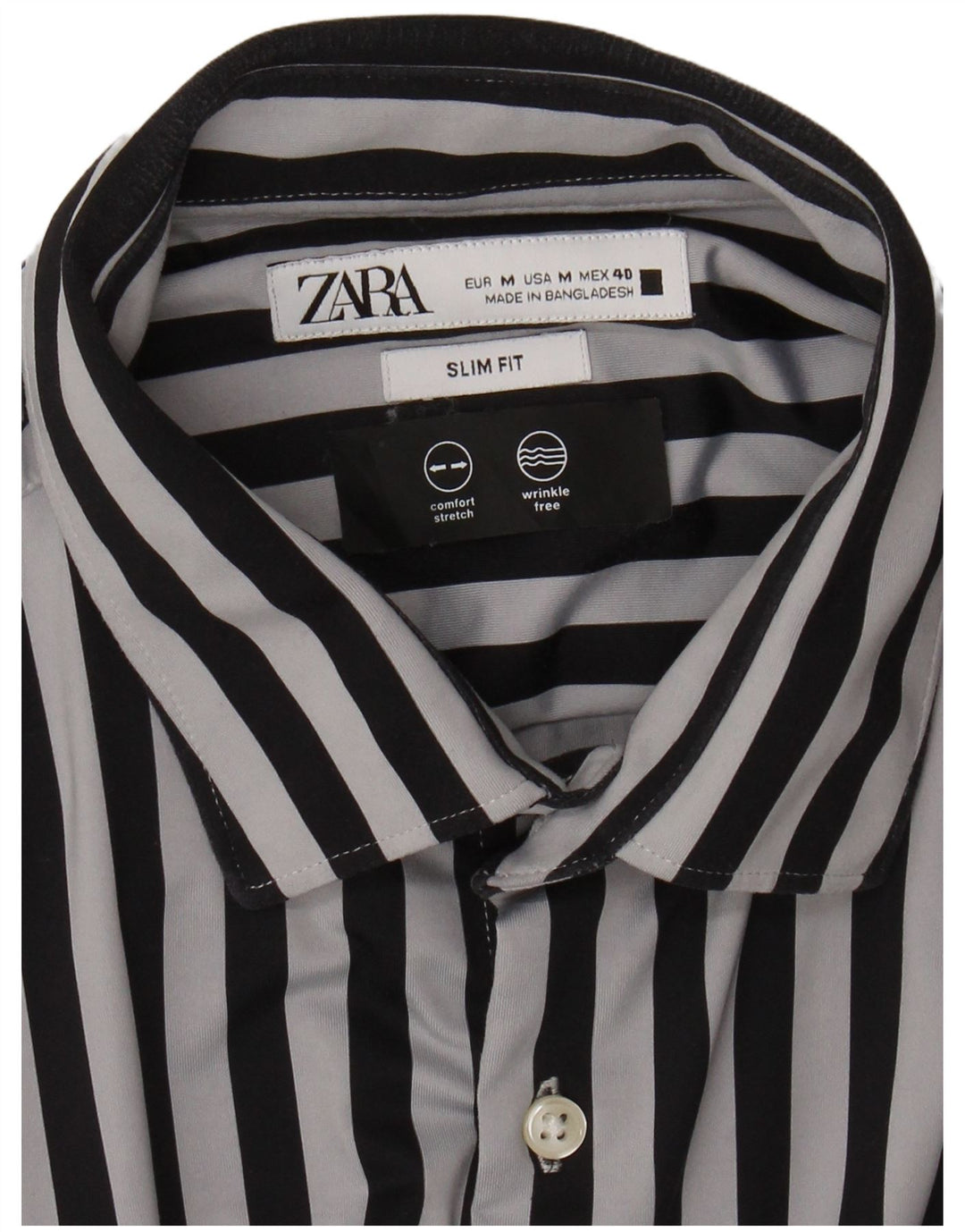 ZARA Mens Slim Fit Shirt Medium Black Striped Polyamide