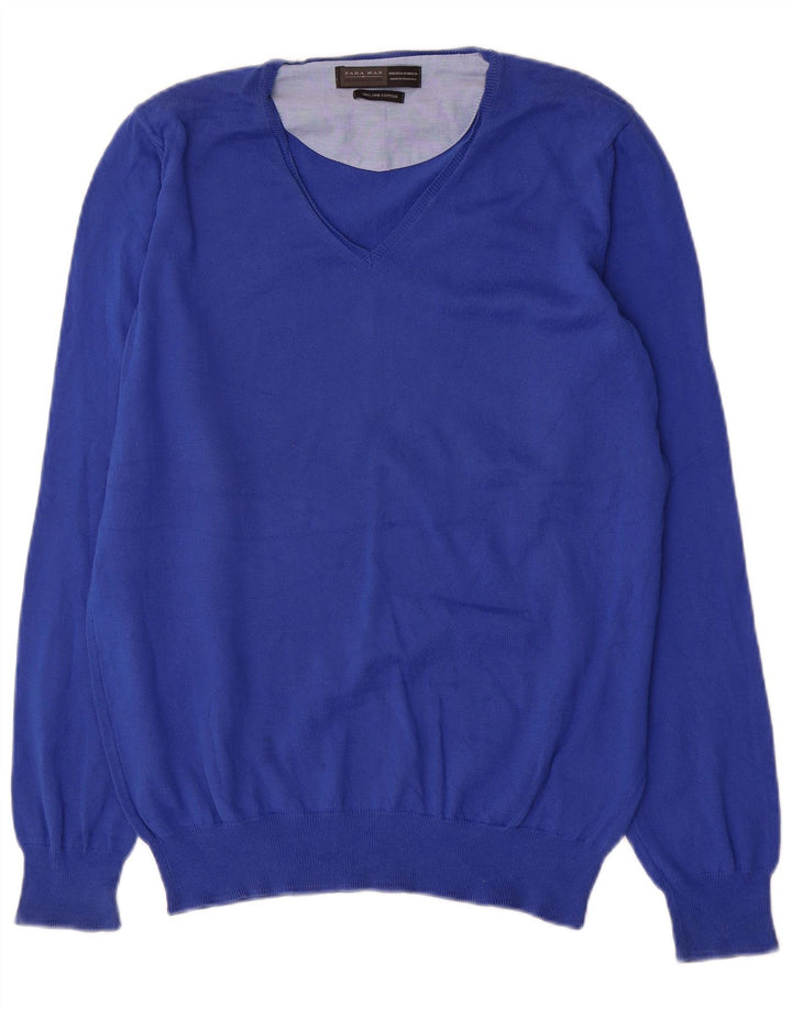 Maglione Zara da uomo con scollo a V in cotone blu medio