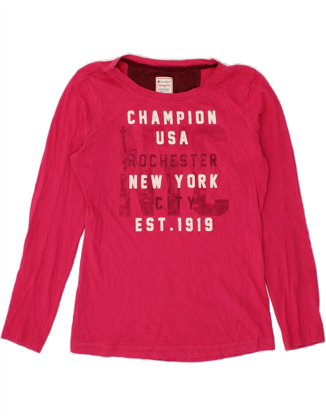CHAMPION Womens Heritage Fit Graphic Top Long Sleeve UK 12 Medium Pink Vintage Champion and Second-Hand Champion from Messina Hembry 