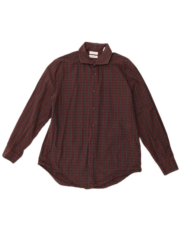 CALVIN KLEIN Camicia da uomo slim fit in flanella taglia 16 1/2 grande quadretto bordeaux