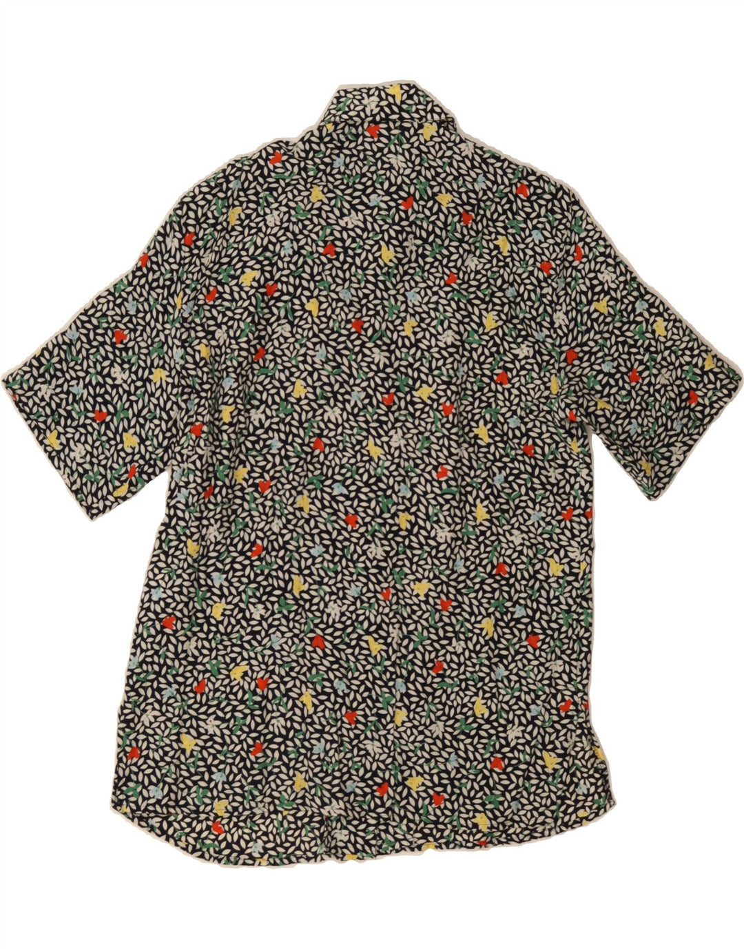 VINTAGE Womens Short Sleeve Shirt EU 40 Medium Navy Blue Floral Viscose Vintage Vintage and Second-Hand Vintage from Messina Hembry 