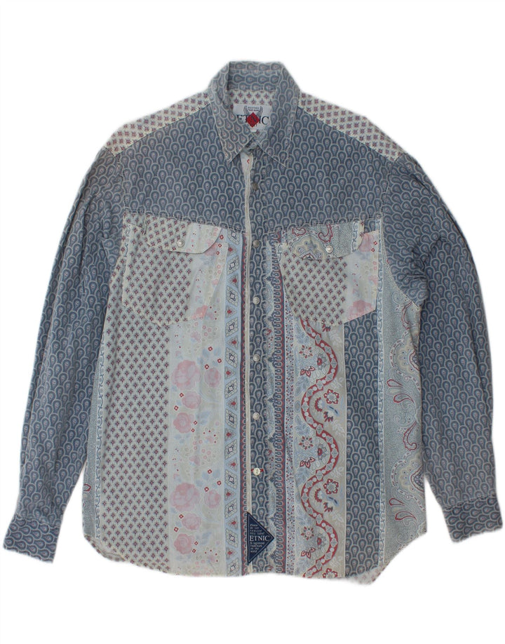 Camicia da uomo VINTAGE in cotone floreale blu medio