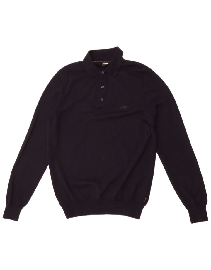 Hugo Boss Maglione da uomo con collo a polo piccolo in lana blu navy