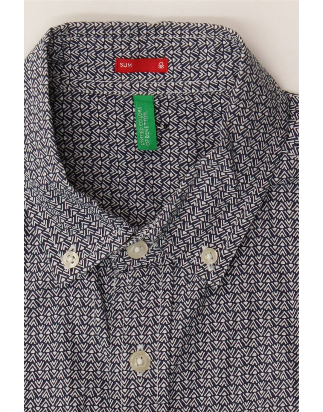 BENETTON Mens Slim Short Sleeve Shirt Small Navy Blue Chevron Vintage Benetton and Second-Hand Benetton from Messina Hembry 
