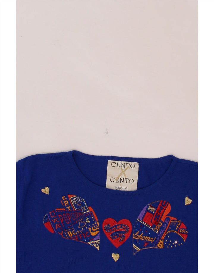 ICEBERG Womens Graphic Crew Neck Jumper Sweater UK 12 Medium Blue Vintage Iceberg and Second-Hand Iceberg from Messina Hembry 