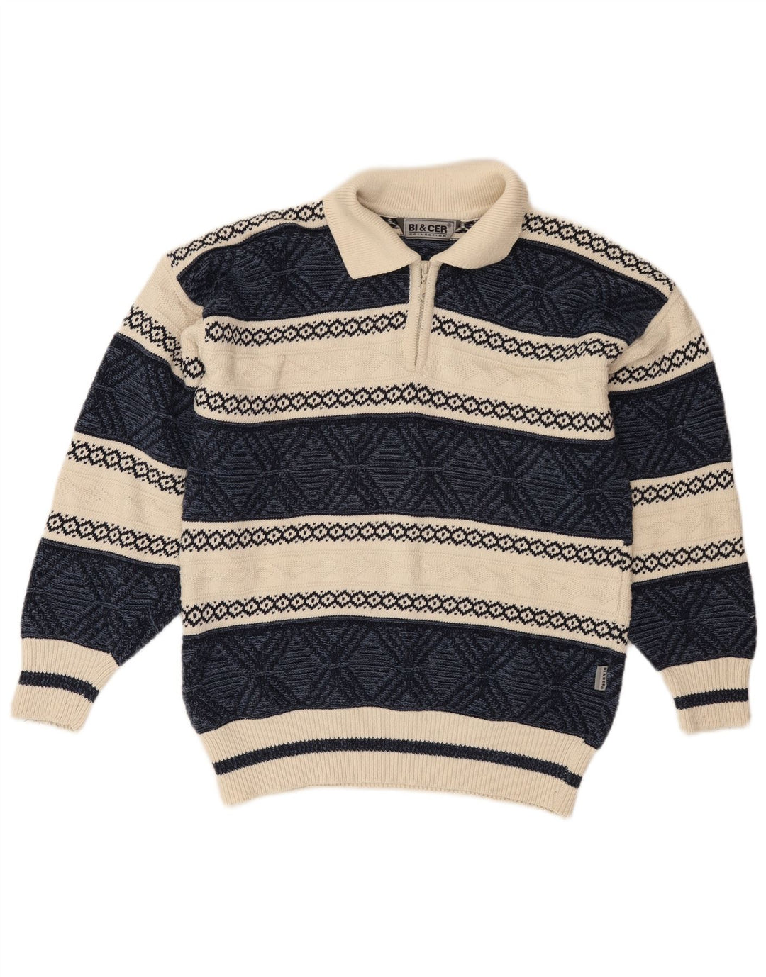 VINTAGE Maglione da uomo con collo alto in cotone Fair Isle medio blu navy
