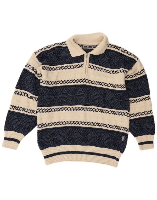VINTAGE Maglione da uomo con collo alto in cotone Fair Isle medio blu navy