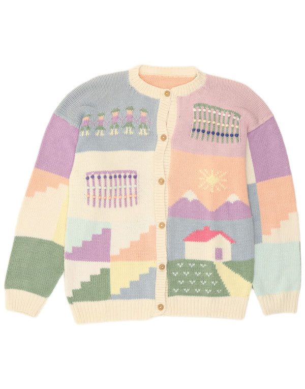 Maglione cardigan grafico da donna vintage UK 14 Grande patchwork multicolore