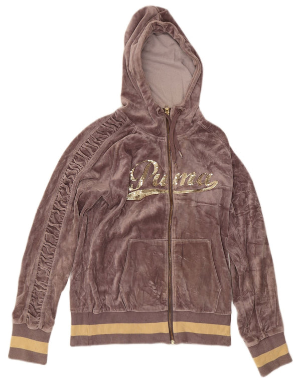 Maglione con cappuccio e zip grafica in velour da donna Puma UK 10 piccolo cotone grigio