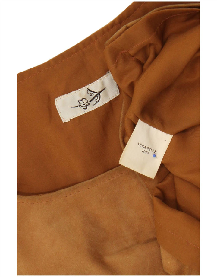 Abito basic in pelle scamosciata senza maniche vintage da donna UK 12 Pelle marrone medio